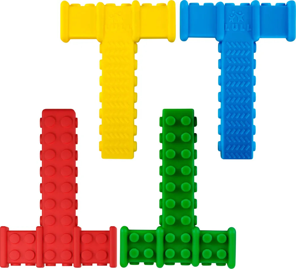 Lull Kids sensory chew bricks in classic yellow, blue, red, and green