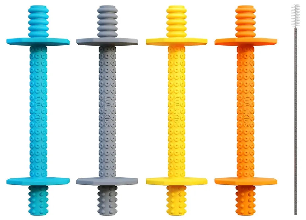 Lull Kids silicone teething straws in turquoise, gray, yellow, and orange with cleaning brush